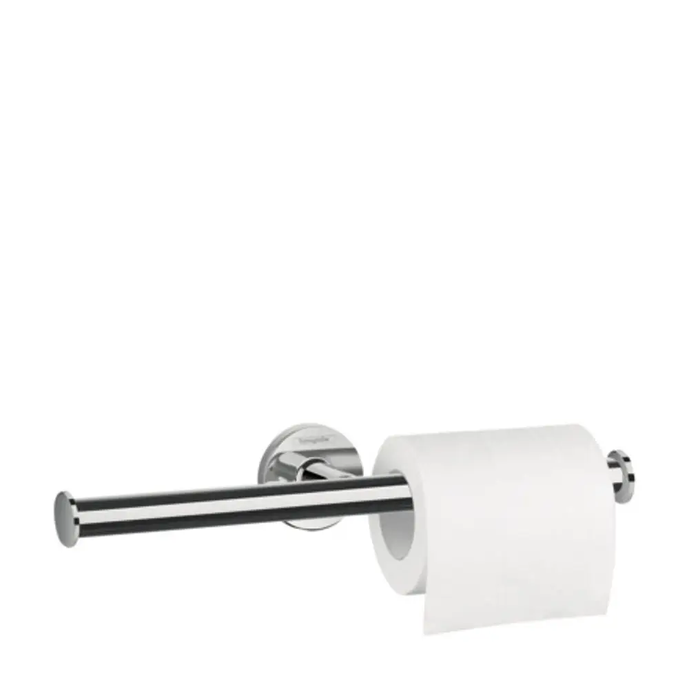 Hansgrohe Toilettenpapierhalter in Chrom, waagerecht montiert mit einer Rolle Toilettenpapier. Der Halter hat runde Enden und eine stabile Wandbefestigung.